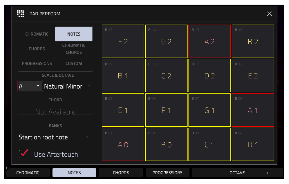 PAD PERFORM: NOTES, A Natural Minor, ноты A0, D1, A1