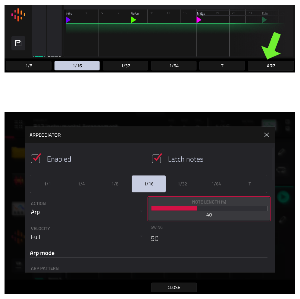 MAIN: кнопка ARP и ARPEGGIATOR Enabled, Latch notes, NOTE LENGTH 40