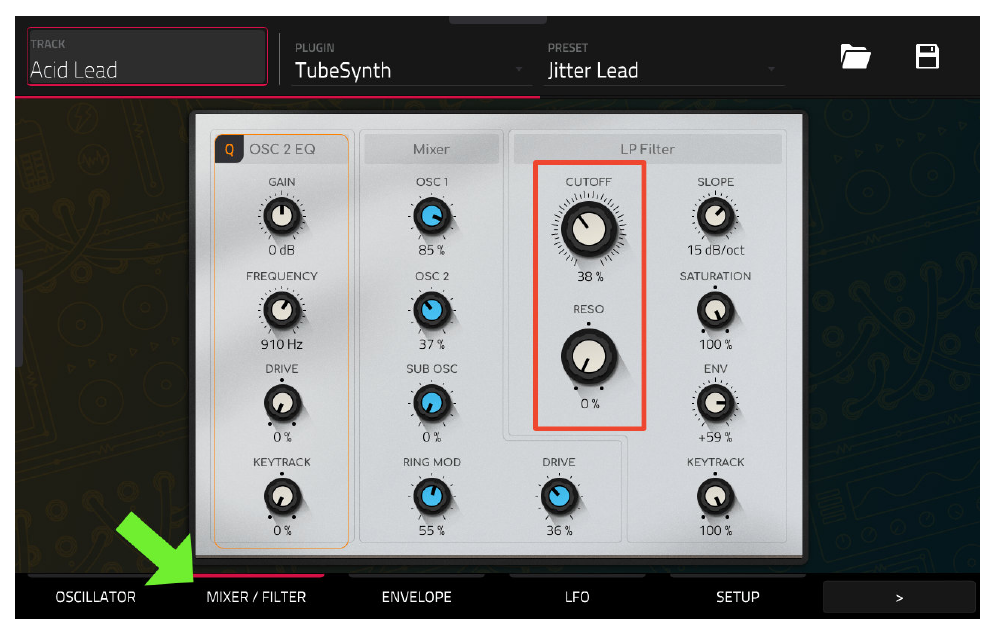 TubeSynth MIXER/FILTER: CUTOFF и RESO