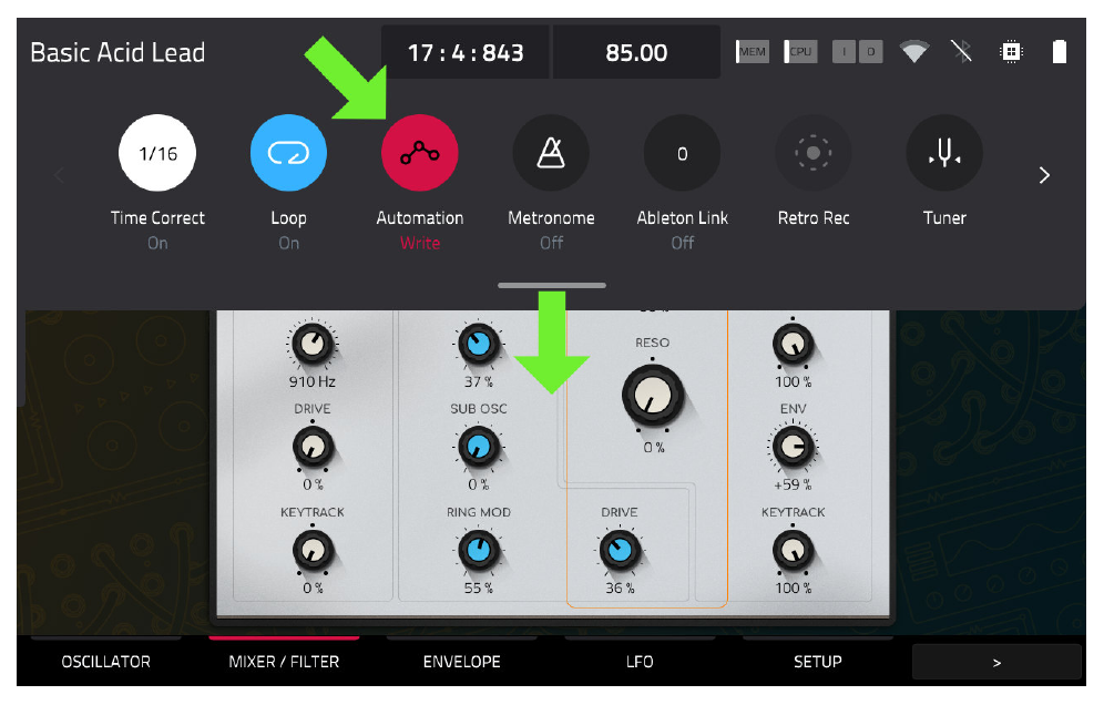 Automation Write и ручки фильтра TubeSynth