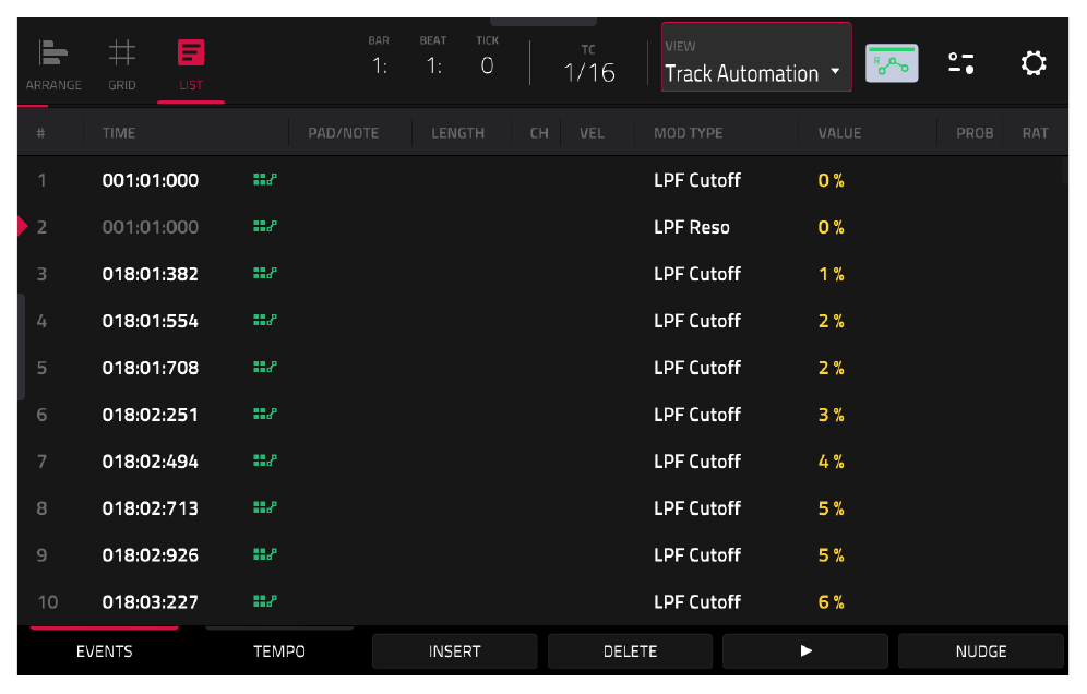 LIST EDIT: Track Automation, LPF Cutoff и LPF Reso