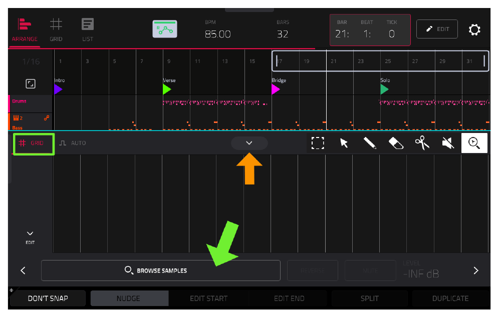 EDIT AUDIO: BROWSE SAMPLES, курсор 21:1:0