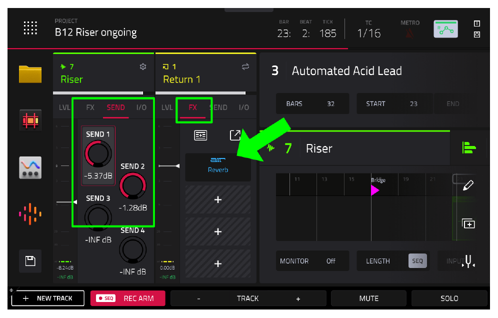 SEND 1 −5.37 dB, SEND 2 −1.28 dB, Return 1 AIR Reverb