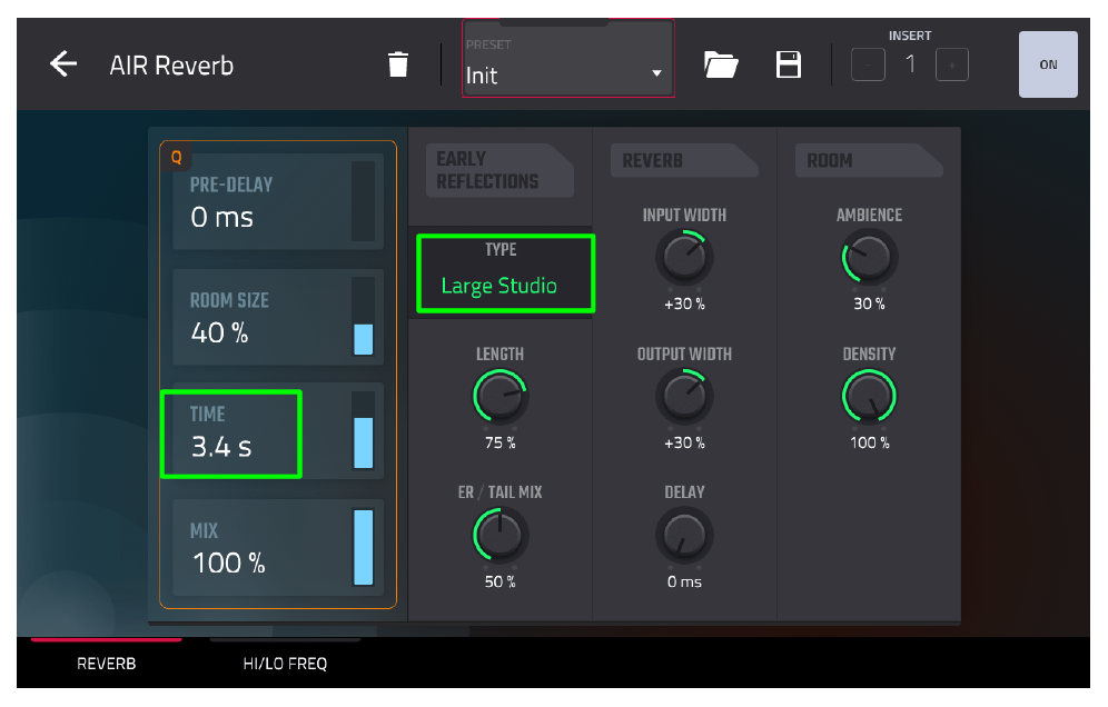 AIR Reverb: Large Studio, TIME 3.4 s
