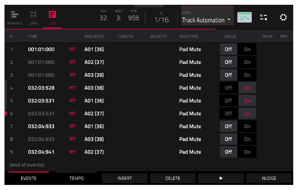 LIST EDIT: Track Automation, Pad Mute