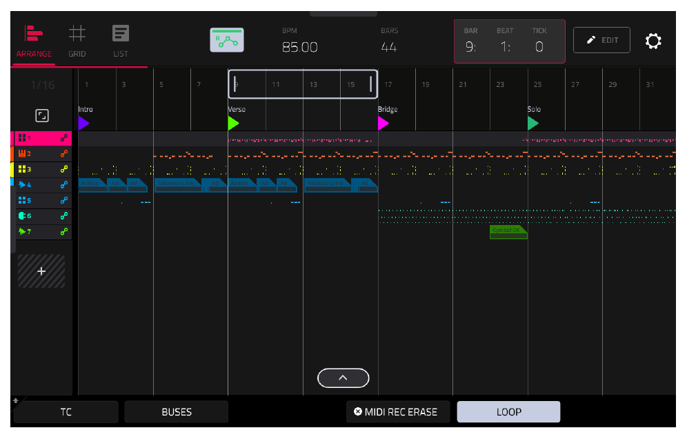 ARRANGER with Verse loop on bars 9–16