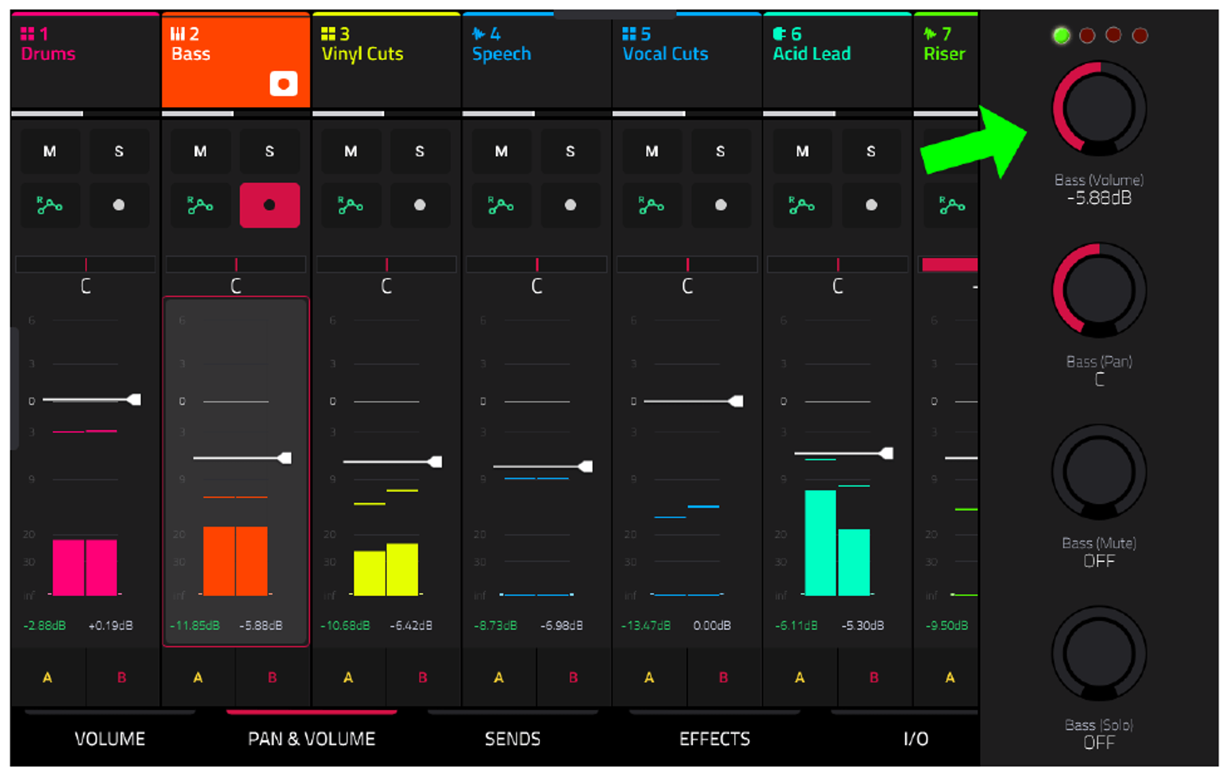 CHANNEL MIXER PAN & VOLUME with Bass level lowered