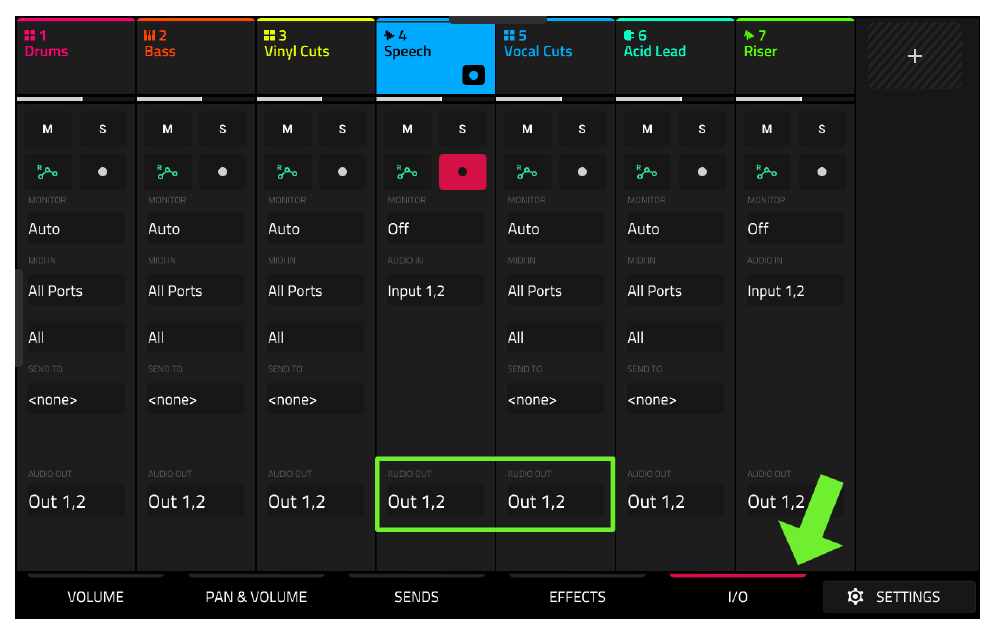CHANNEL MIXER I/O tab with AUDIO OUT highlighted