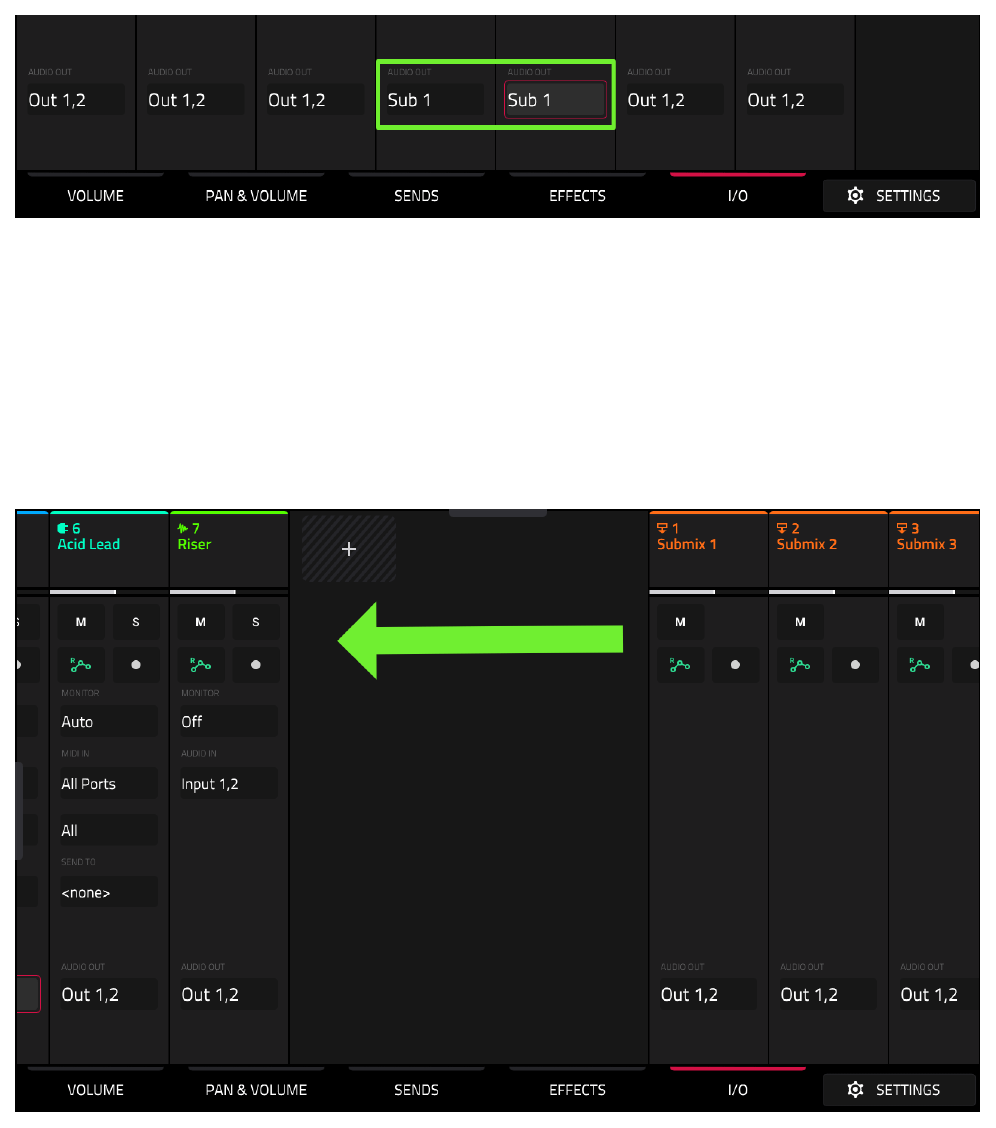 AUDIO OUT set to Sub 1, swipe to submix channels