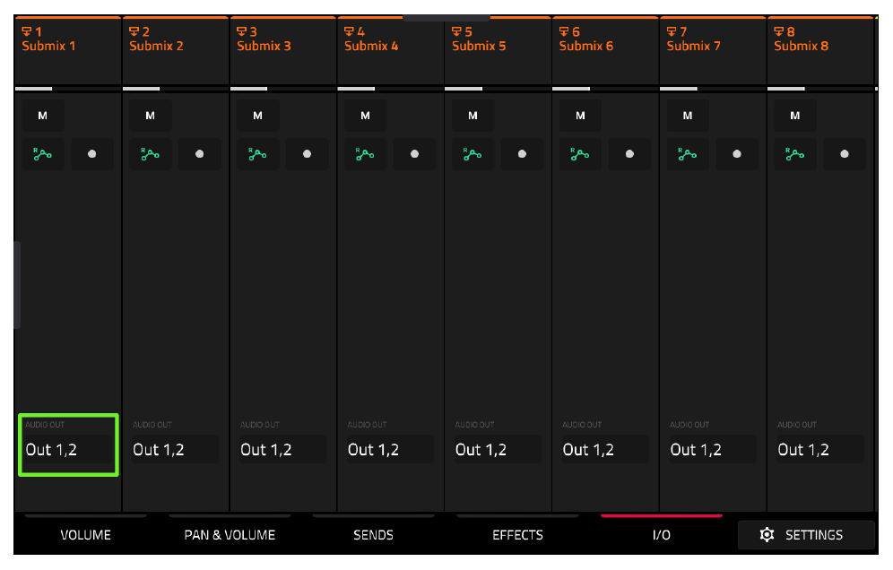 Eight submix channels with AUDIO OUT Out 1,2