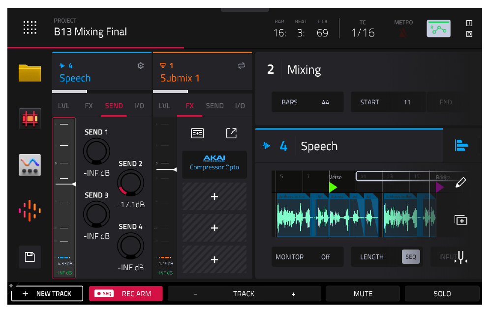 MAIN screen showing Speech and Submix 1