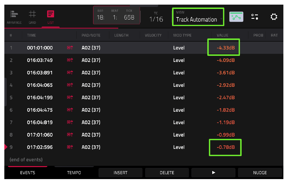 LIST VIEW Track Automation for pad A02 Level