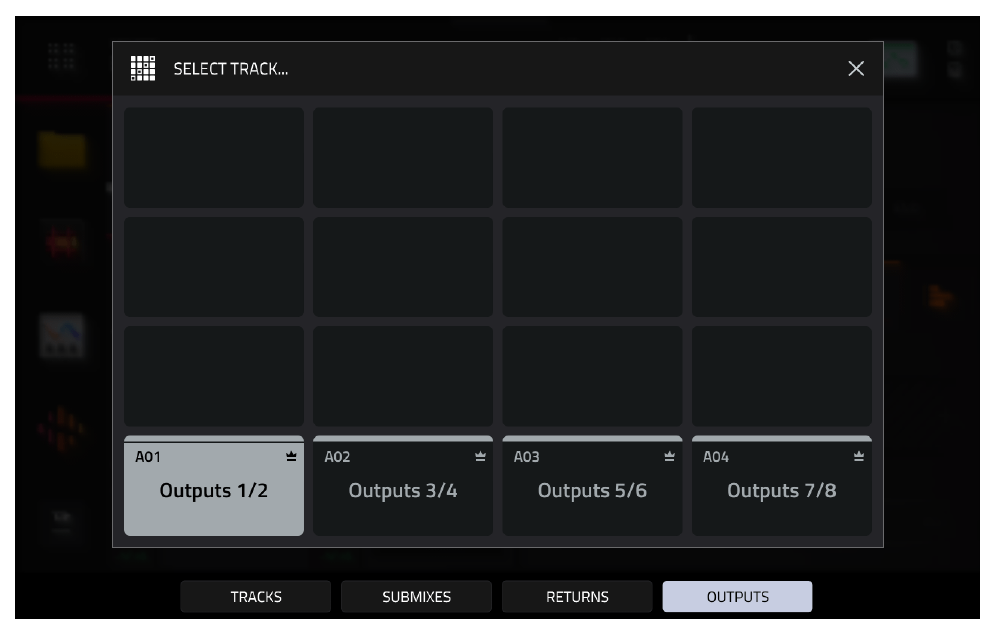 SELECT TRACK OUTPUTS, pad A01 Outputs 1/2