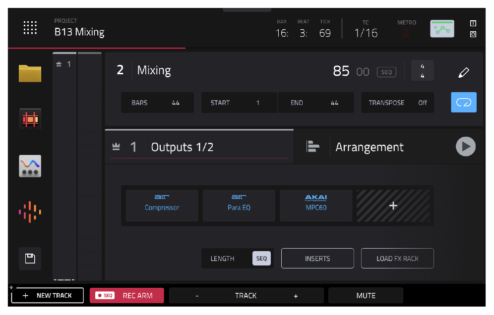 MAIN screen showing Outputs 1/2 insert effects