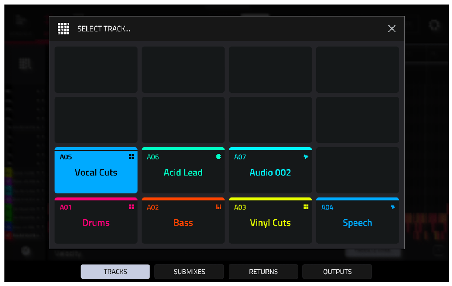 SELECT TRACK overlay on the TRACKS tab