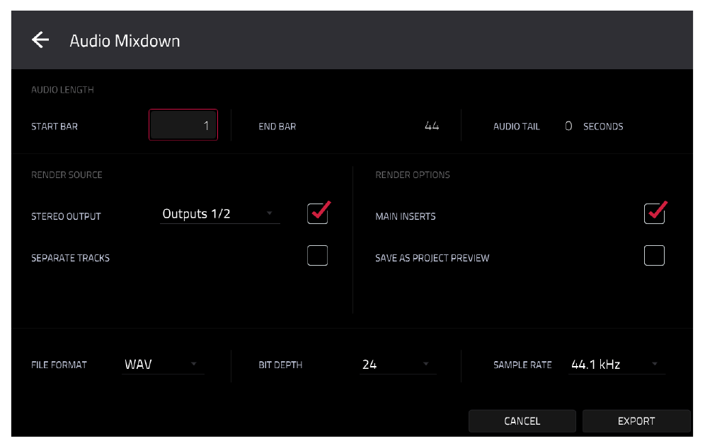 Audio Mixdown export settings
