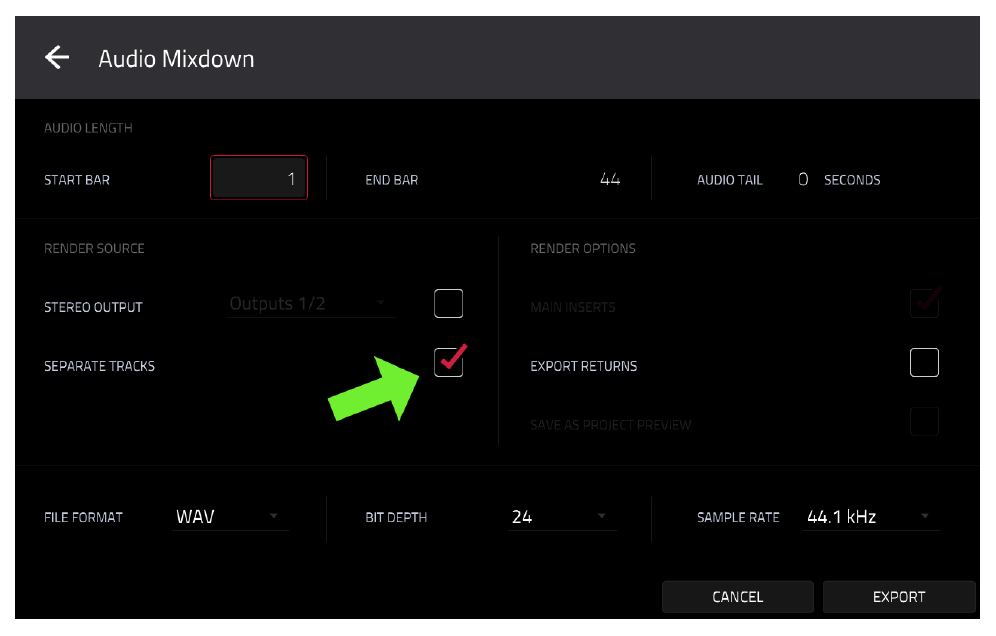 Audio Mixdown with SEPARATE TRACKS enabled