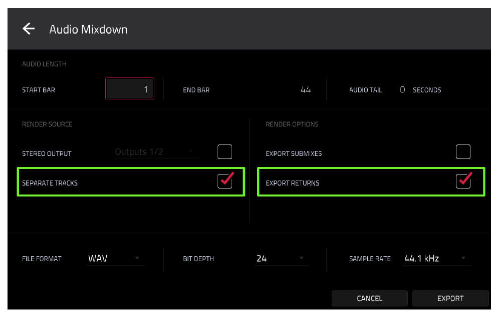 Audio Mixdown with EXPORT RETURNS enabled