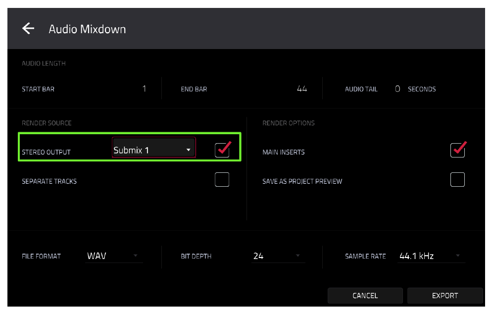 Audio Mixdown RENDER SOURCE set to Submix 1