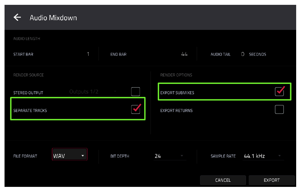 Audio Mixdown with EXPORT SUBMIXES enabled