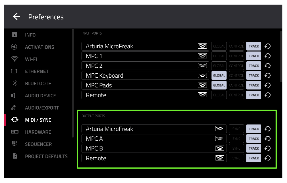 Preferences MIDI/SYNC: OUTPUT PORTS и TRACK