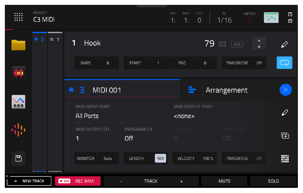 MAIN: MIDI 001, MIDI OUTPUT PORT none