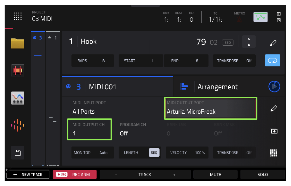 MIDI OUTPUT PORT Arturia MicroFreak, MIDI OUTPUT CH 1