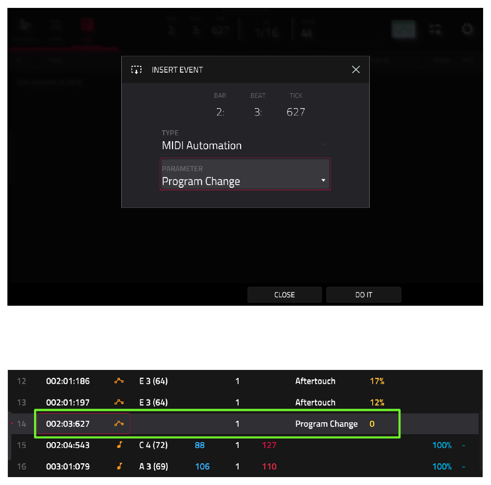 INSERT EVENT: MIDI Automation Program Change; событие в LIST
