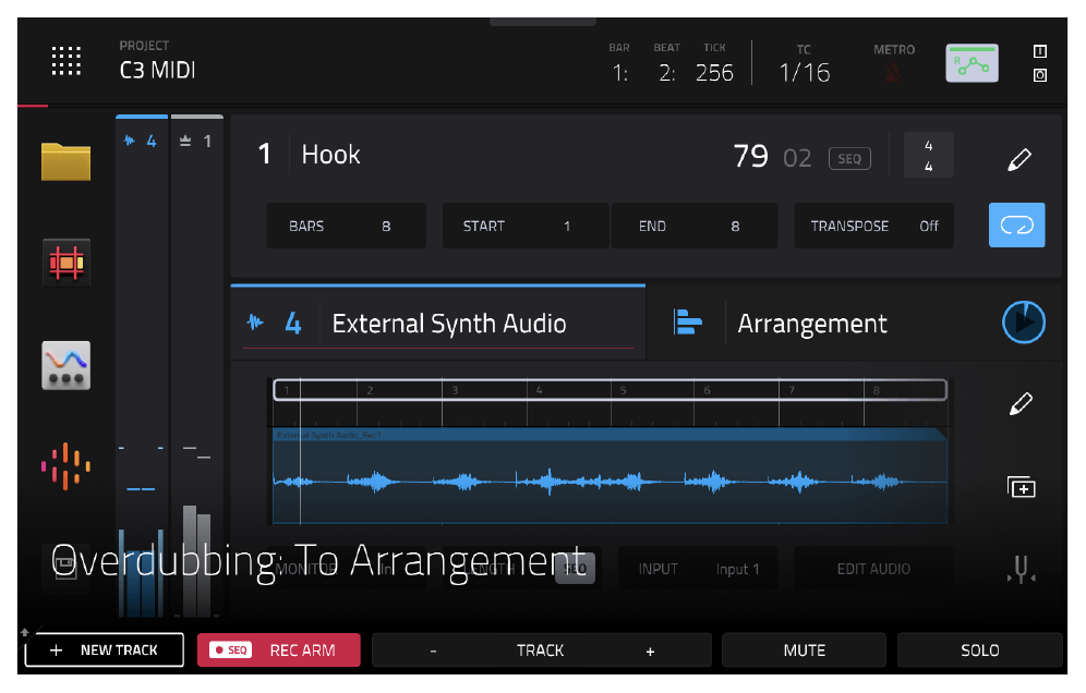 После STOP: волна на External Synth Audio, MONITOR Off