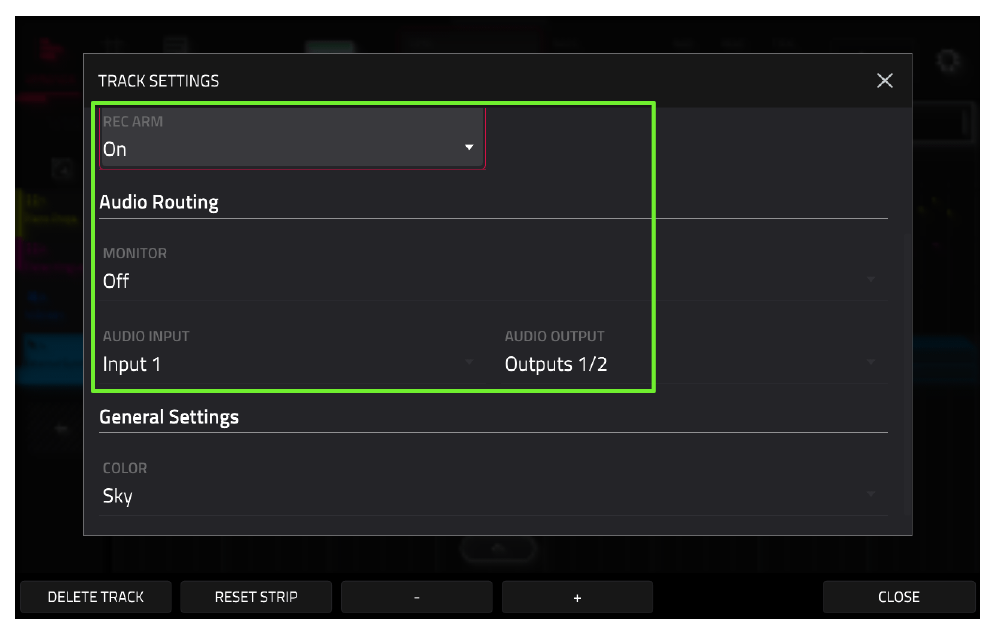 TRACK SETTINGS: REC ARM On, MONITOR Off, AUDIO INPUT Input 1