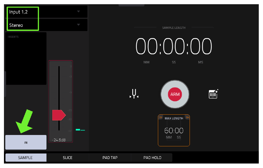 SAMPLER: Input 1,2 Stereo, MONITOR IN, ARM