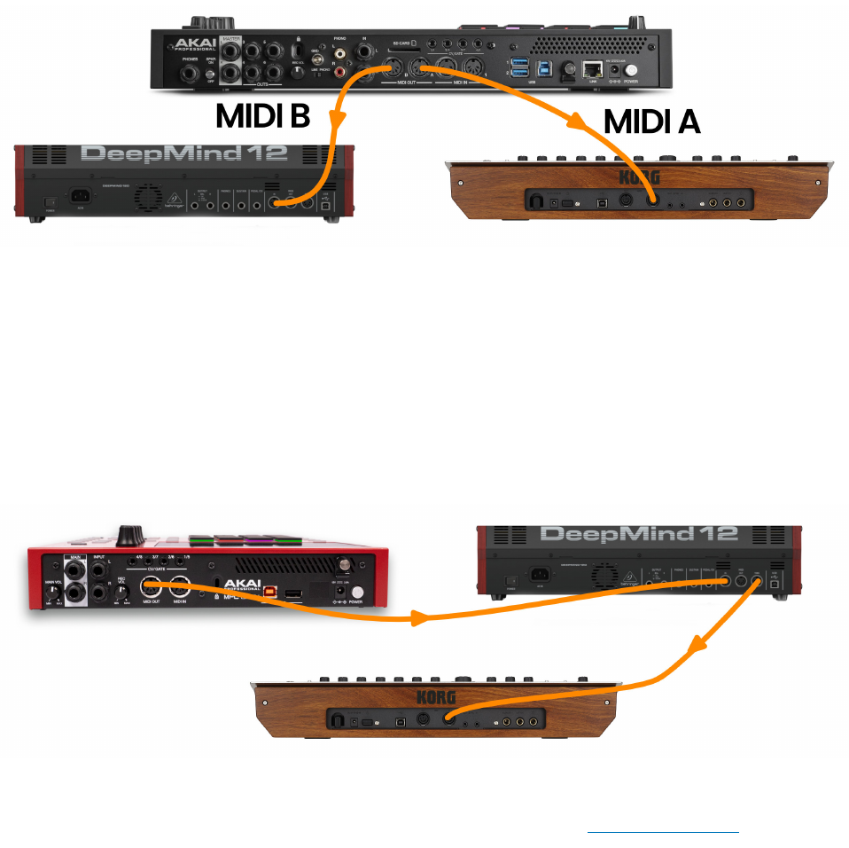 MIDI A/B отдельно и цепочка через MIDI THRU