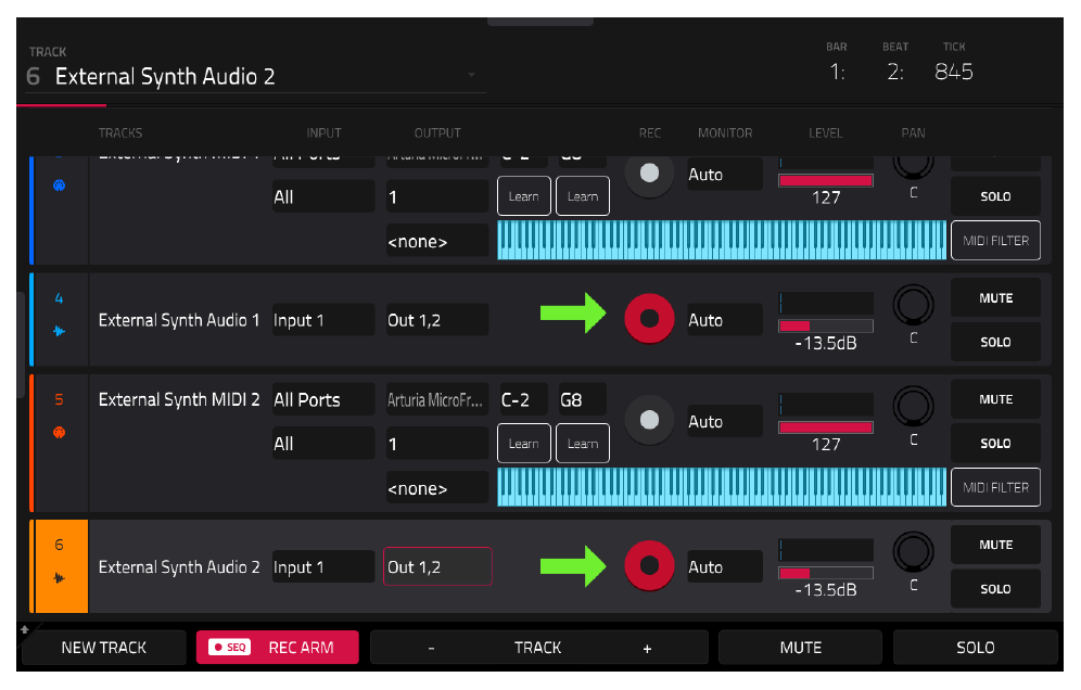 TRACK VIEW: REC ARM на External Synth Audio 1 и 2