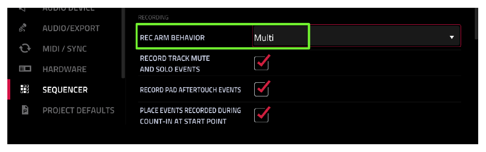 SEQUENCER: REC ARM BEHAVIOR Multi