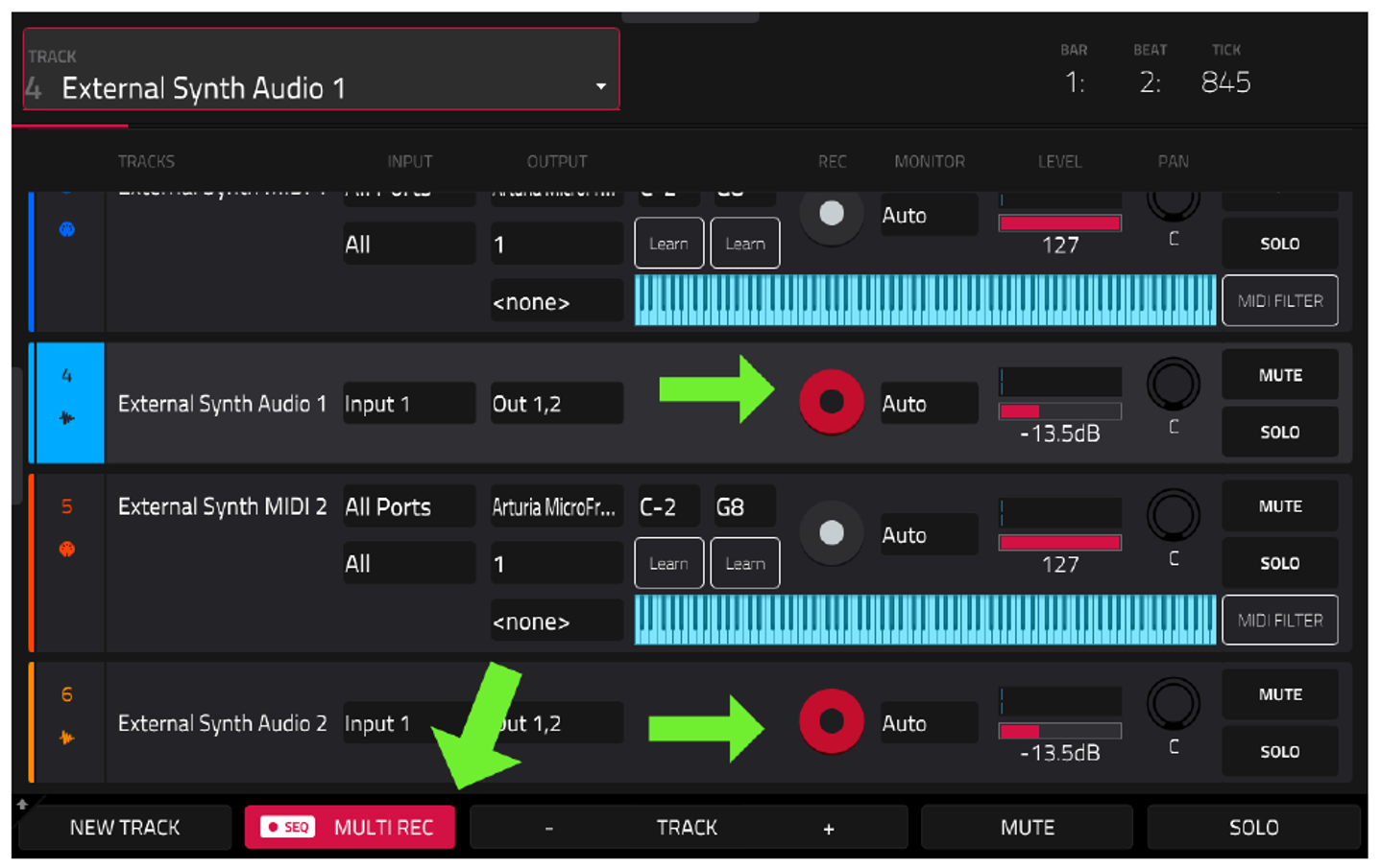 TRACK VIEW: кнопка MULTI REC, оба аудиотрека armed
