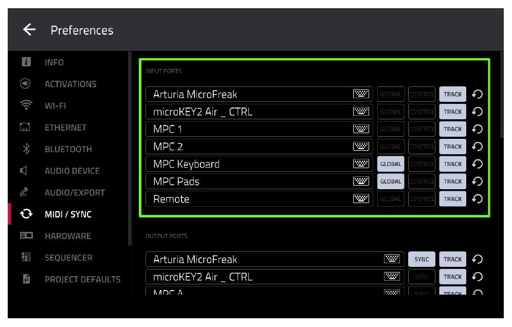 MIDI/SYNC INPUT PORTS: microKEY2, TRACK включён