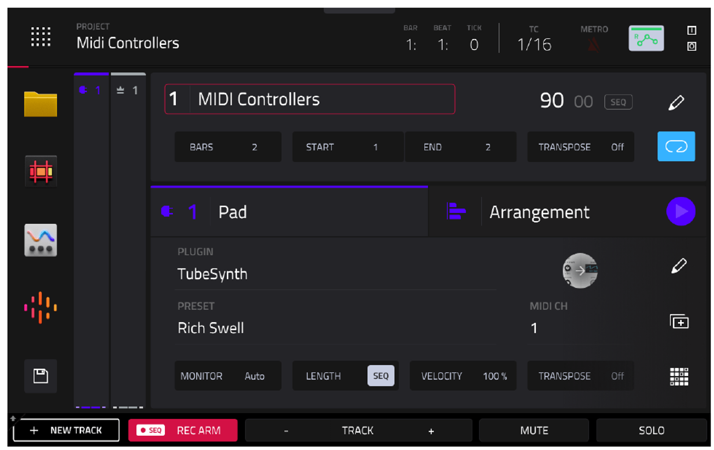 MAIN: проект Midi Controllers, выбран трек 1 Pad