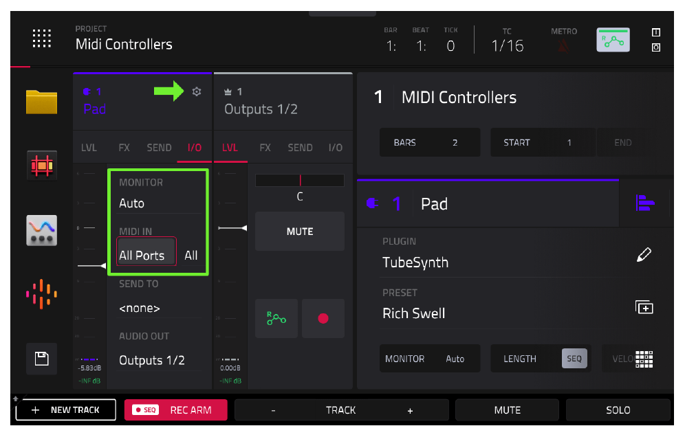 XL Channel Strip I/O: MIDI IN All Ports, MONITOR Auto
