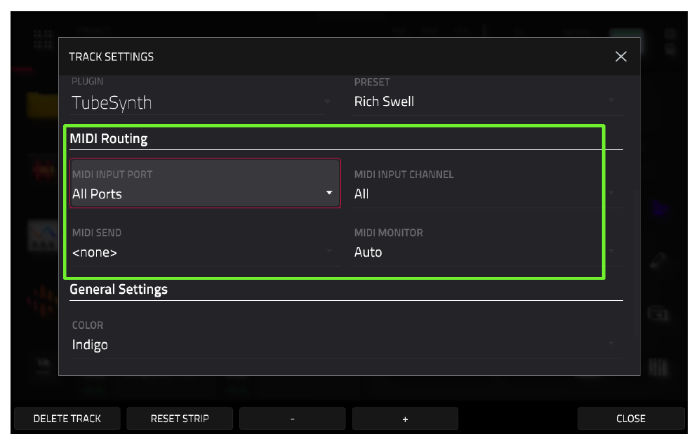 TRACK SETTINGS: MIDI INPUT PORT All Ports