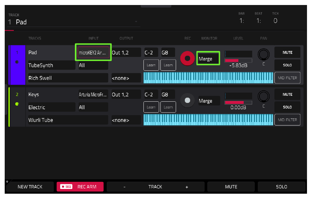 TRACK VIEW: разные MIDI INPUT и MERGE