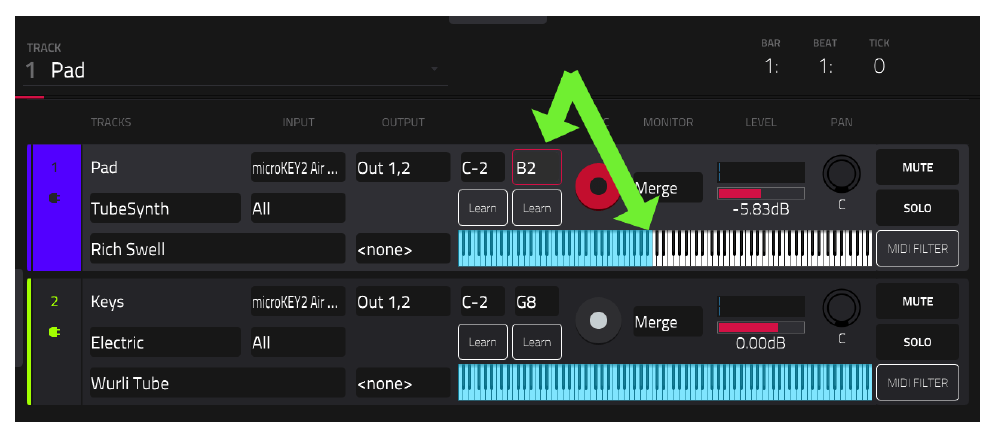 TRACK VIEW: трек 1 NOTE MAX B2, левая часть клавиатуры