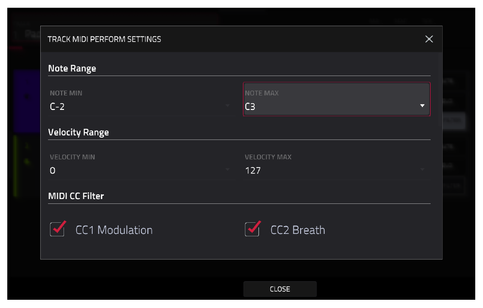 TRACK MIDI PERFORM SETTINGS: NOTE MIN / NOTE MAX