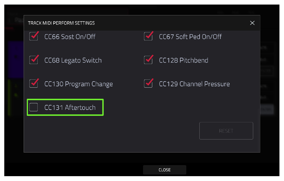 MIDI CC Filter: Aftertouch выключен