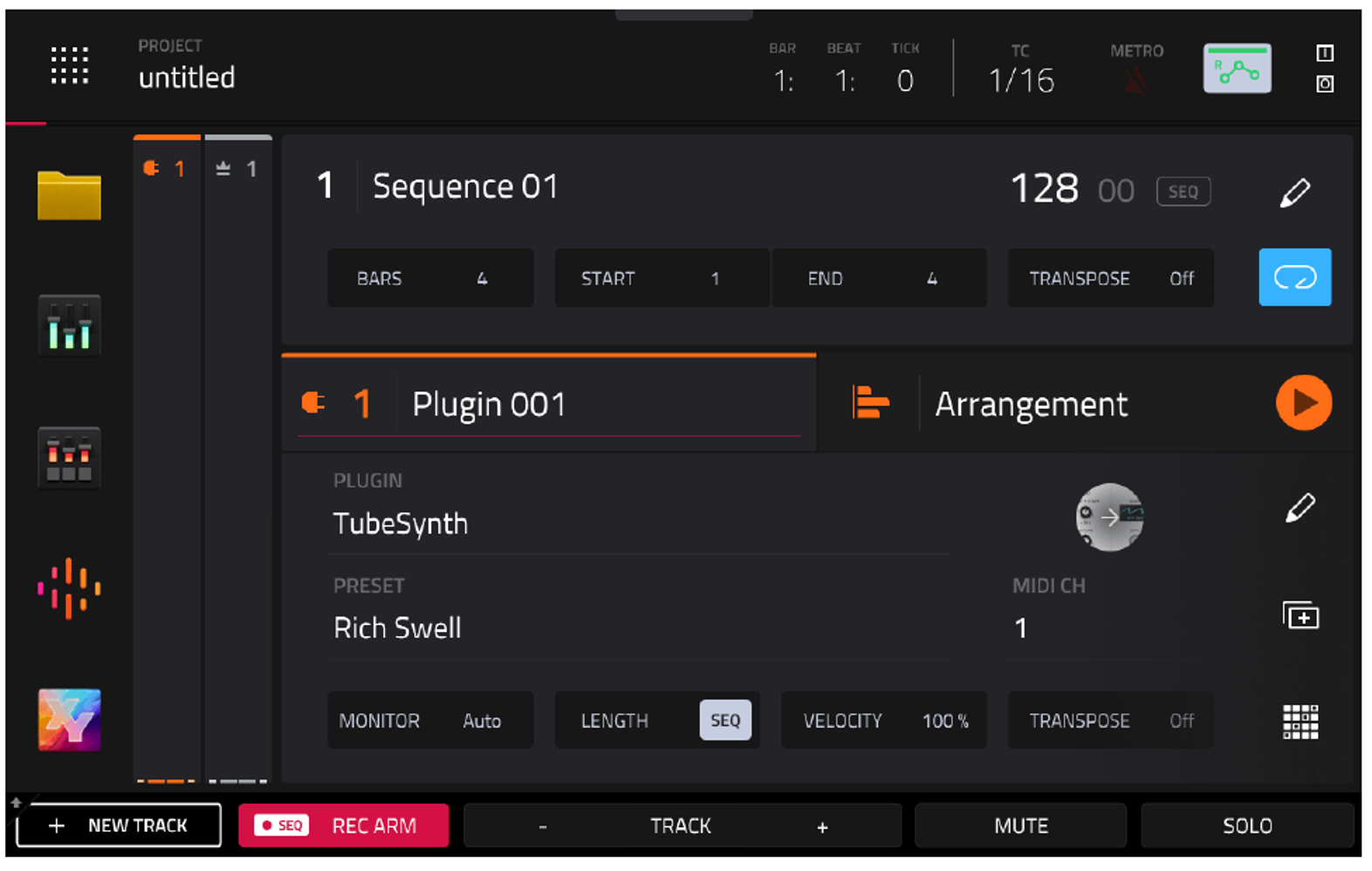Экран MAIN на MPC Key с треком Plugin 001