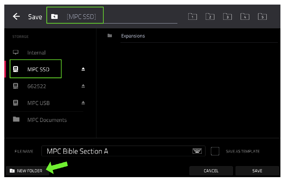 Выбор диска MPC SSD и кнопка NEW FOLDER