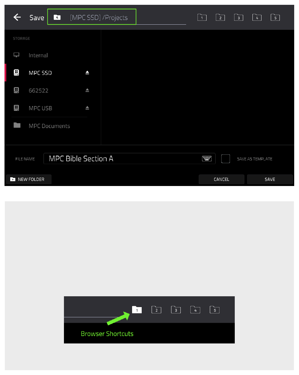 Папка Projects на MPC SSD и ярлык Browser Shortcuts 1