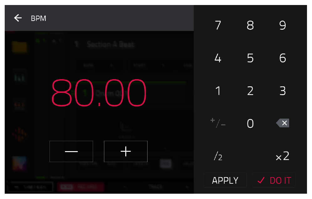 Ввод темпа 80.00 BPM на цифровой клавиатуре