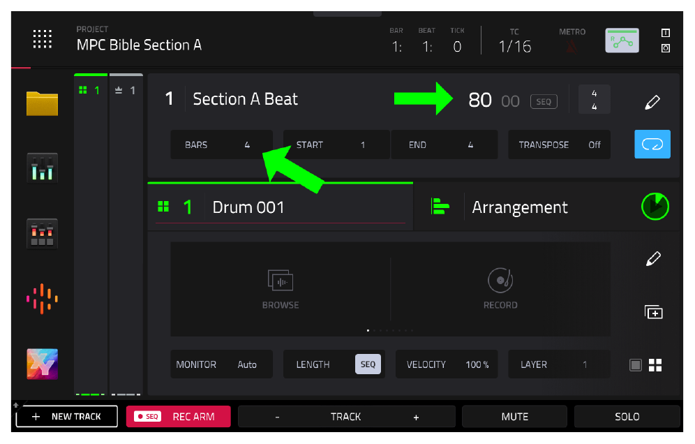 Темп 80 BPM и длина секвенции 4 такта