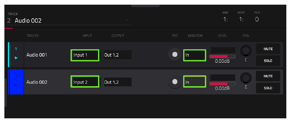 Два аудиотрека: Input 1 и Input 2, MONITOR In