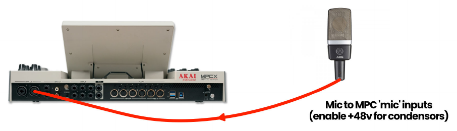 Микрофон во входы MIC на MPC X, фантомное питание +48V для конденсаторных микрофонов
